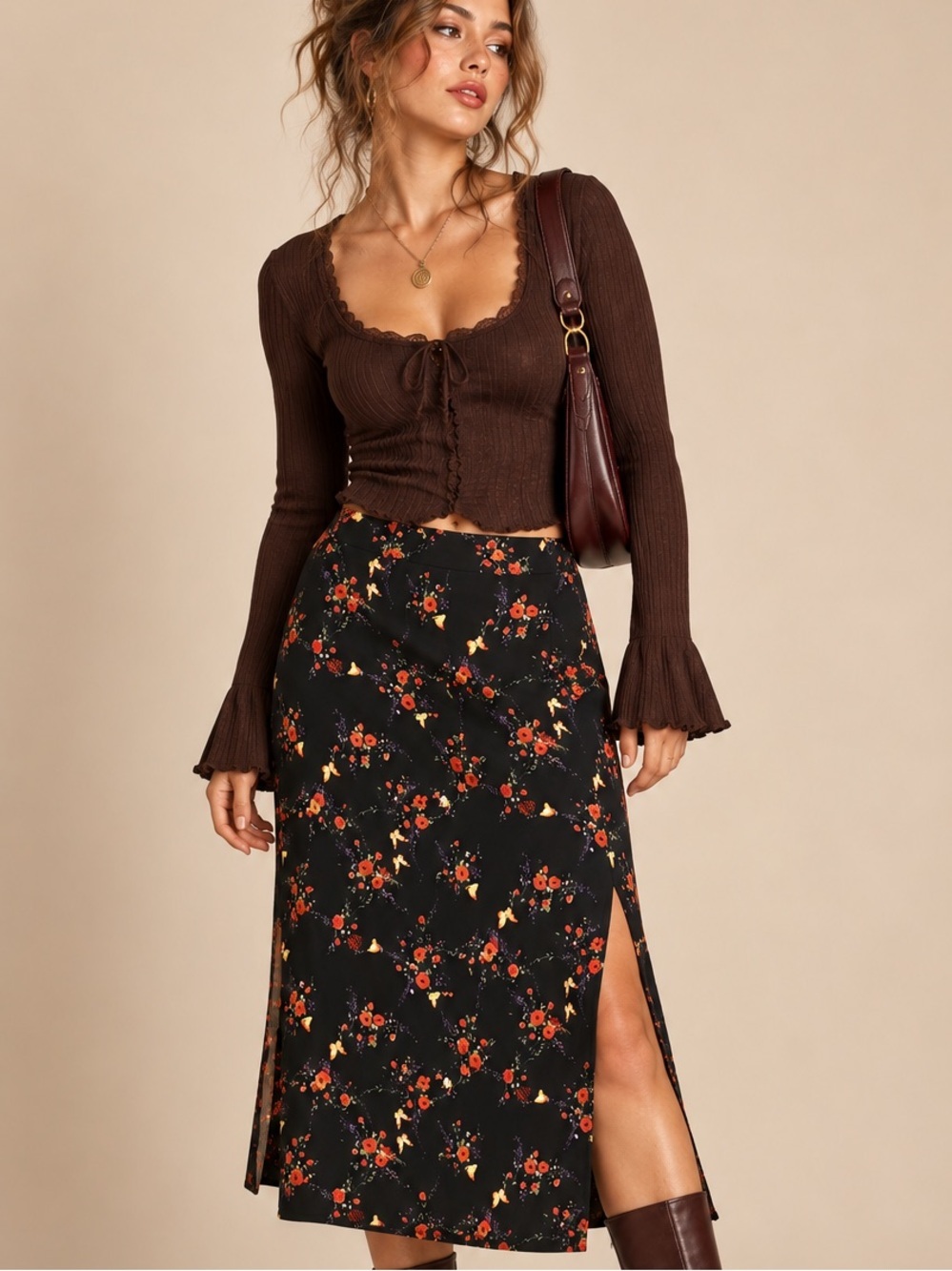 Vintage 90s Black Red Butterfly Renee Adams Floral Maxi Skirt Double Slit Sz 14